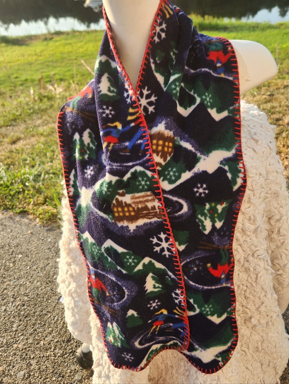 Vintage 90s LL Bean Polartec Fleece Winter Scene Scarf Blanket Stitch